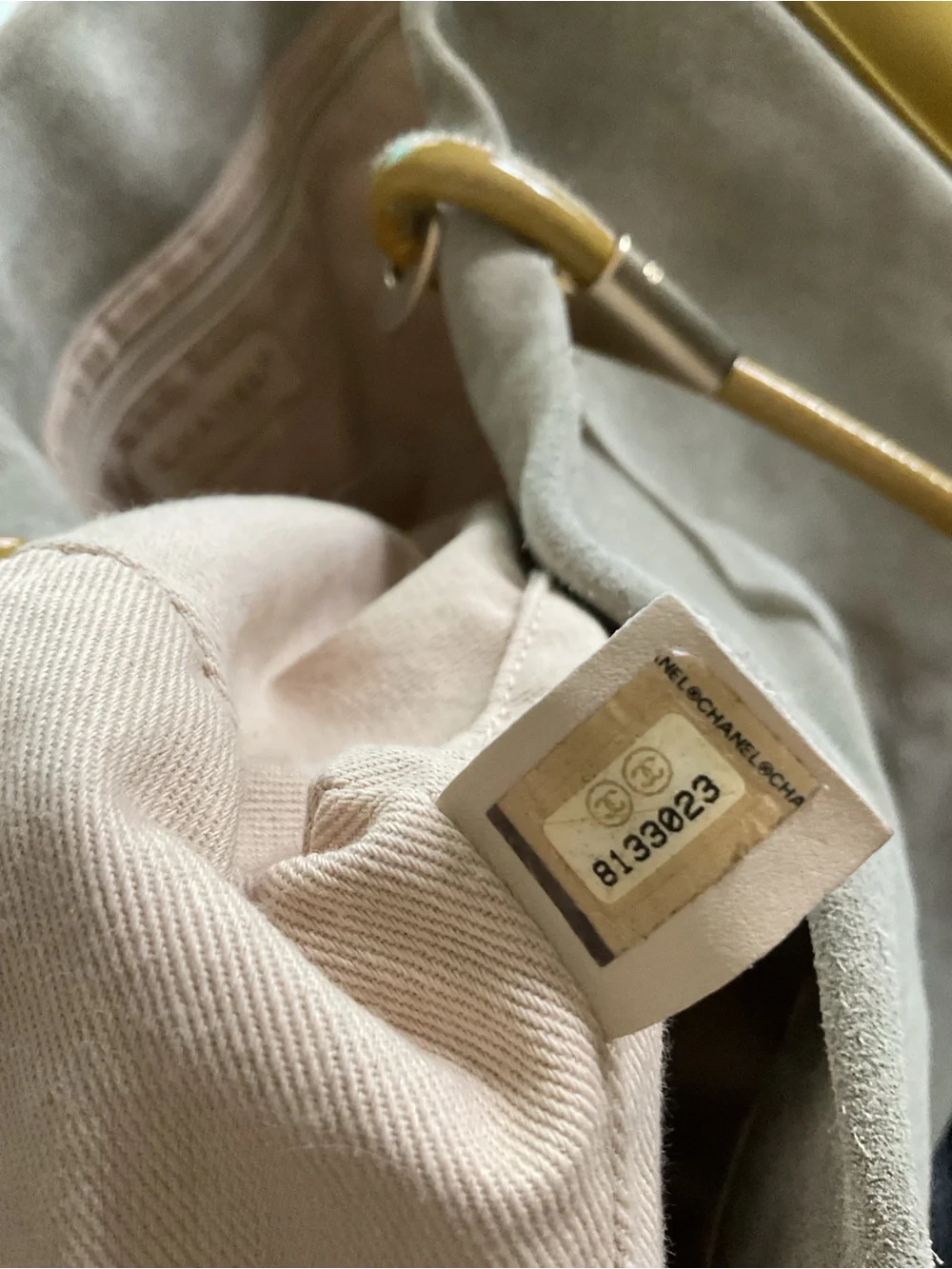 CHANEL Beige Suede Tote with Mustard Patent Trim and Camellia